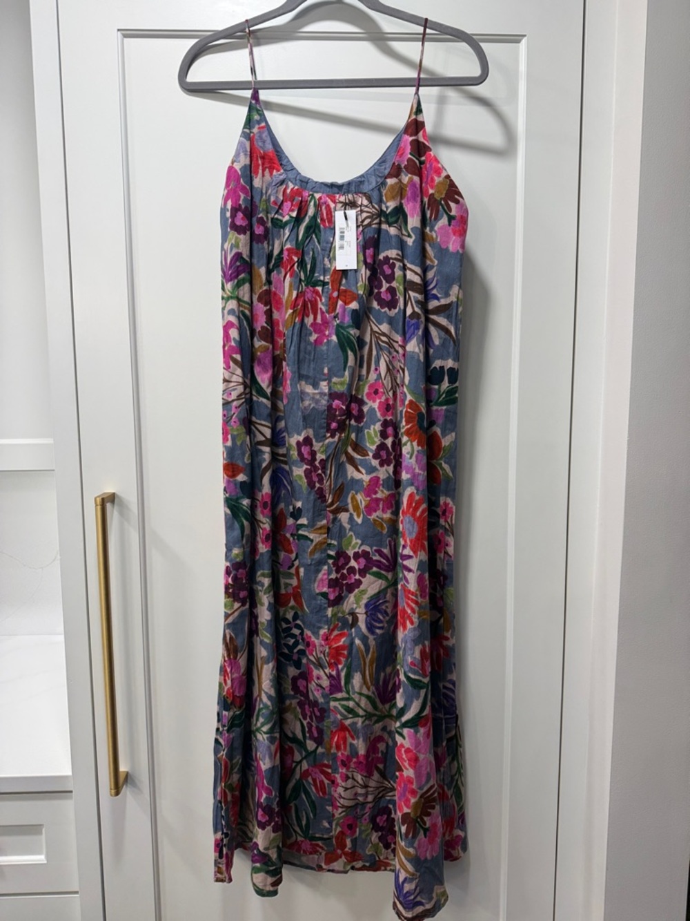 Velvet Floral Maxi Dress in Blue with Pink & Green Accents